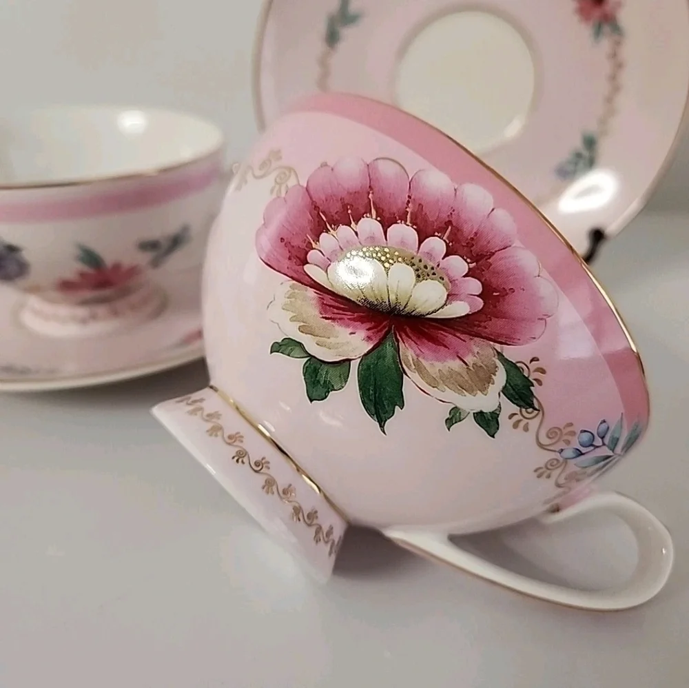 Grace Teaware Pink Floral Tea Cup Saucer Set 2 Cottagecore Gold Gilt Tea Party